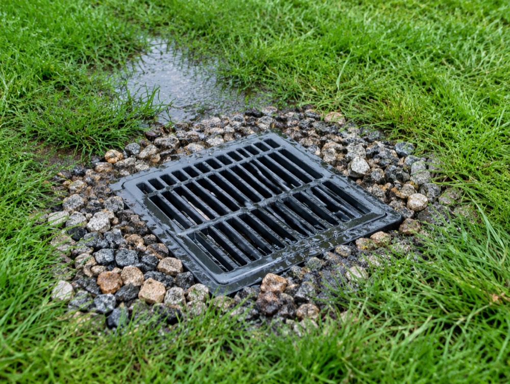 Grated catch basin collecting runoff at the low point of an Asheville yard