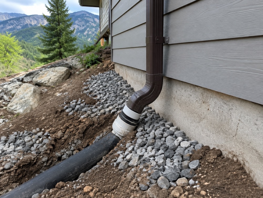 Downspout tied into a buried drain line routing roof water away from a hillside home