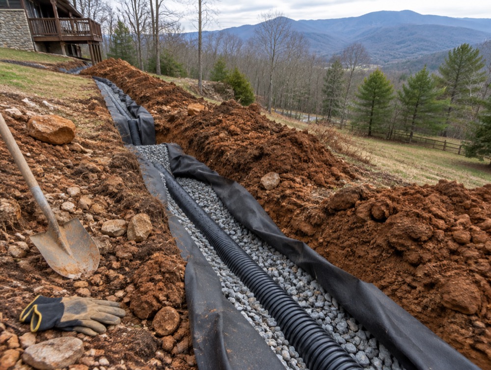 French drain being installed in a gravel trench on an Asheville mountain slope