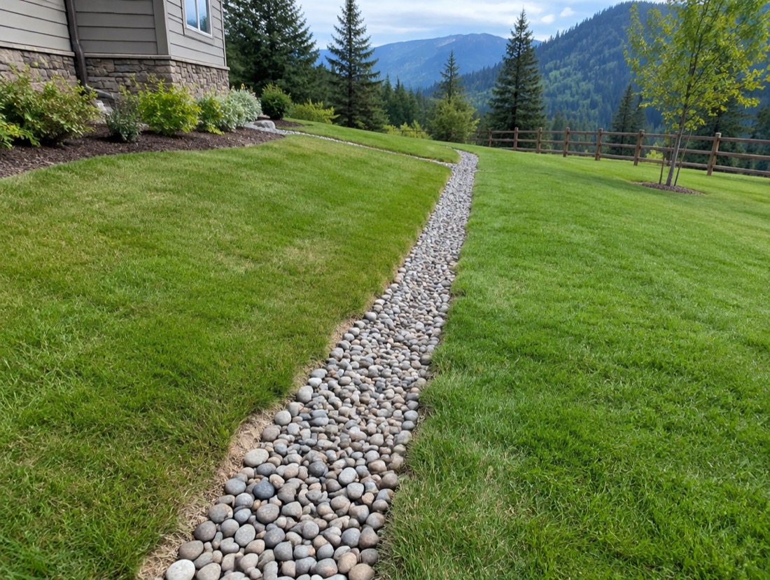 Finished gravel french drain in a sloped Asheville mountain backyard