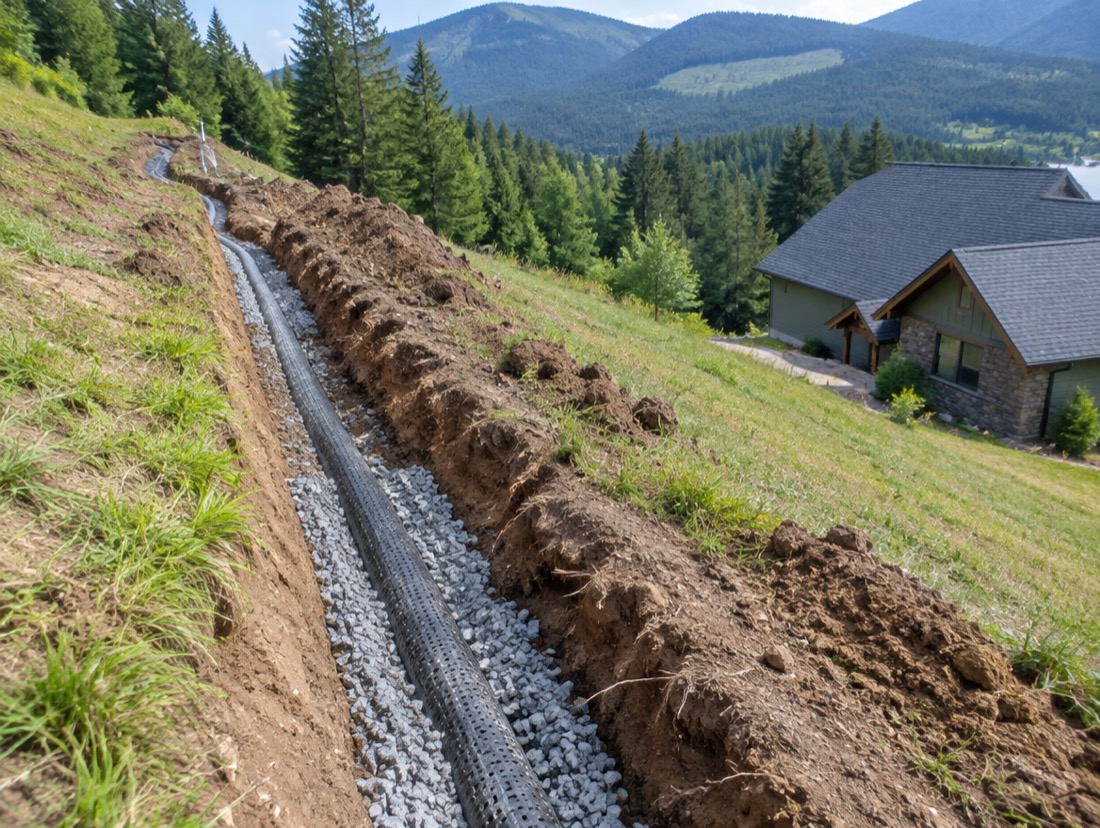 Crew installing a french drain in a gravel trench on an Asheville hillside
