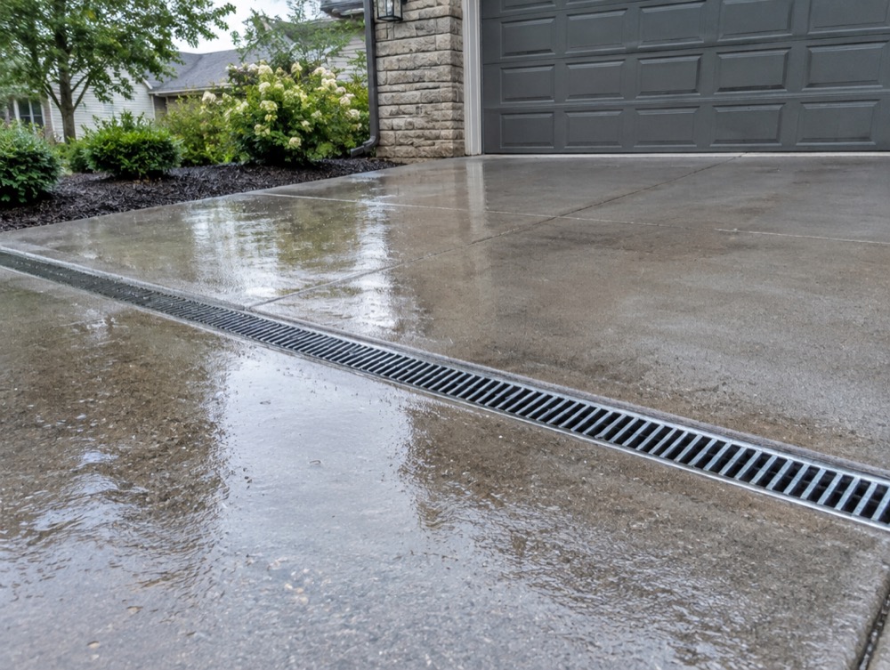 Channel trench drain set across a driveway to catch runoff