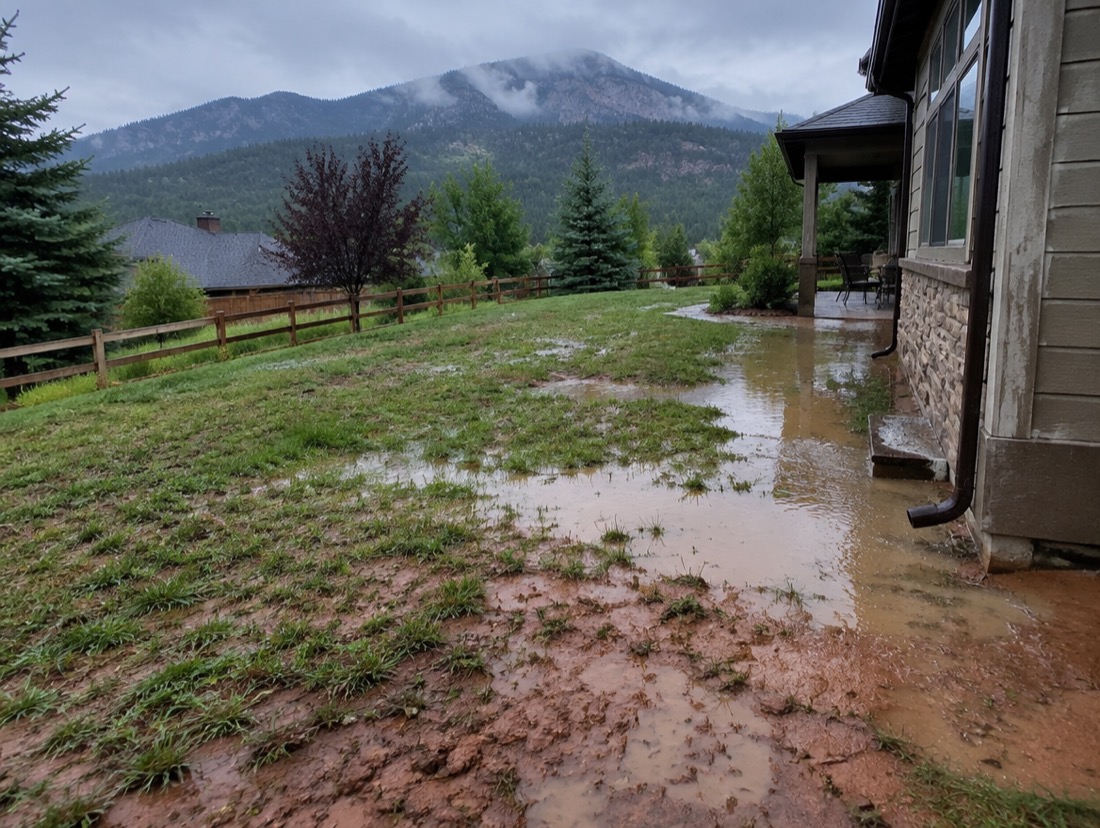 Soggy, saturated yard on an Asheville mountain slope after heavy rain